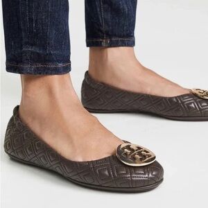 Tory Burch Millie Quilted Leather Ballet Flats Dark Brown Gold Logo Size 7